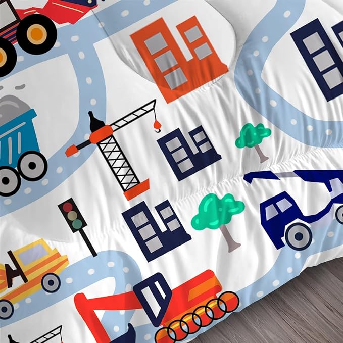 Construction Comforter Set Full: Cartoon Cars Comforter Set for Boys Kids Teen Children White Truck Bedding Bedroom Dorm Quilt 1 Comforter + 2 Pillow Cases