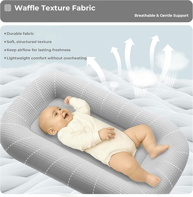 Baby Lounger for Newborn - Infant Lounger 0-24 Months with Lounger Cover, Cooling Baby Nest Lounger, Breathable Waffle Fabric & 3D Support, Portable Newborn Essentials, Gray