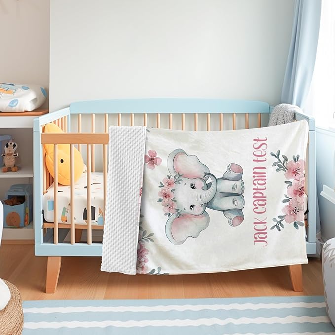 Personalized Baby Blankets for Girls Boys, Custom Elephant Baby Blanket with Name for Kids, Flannel Bed Throw Blanket for Newborn, Customized Baby Gifts for Baby Shower Nursery Blanket(30”x40)