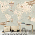 AFZEVEB-Vintage Animal Wallpaper Cartoon Aircraft Map Wall murals for Kids Room 182"x120"(Not Peel and Stick)