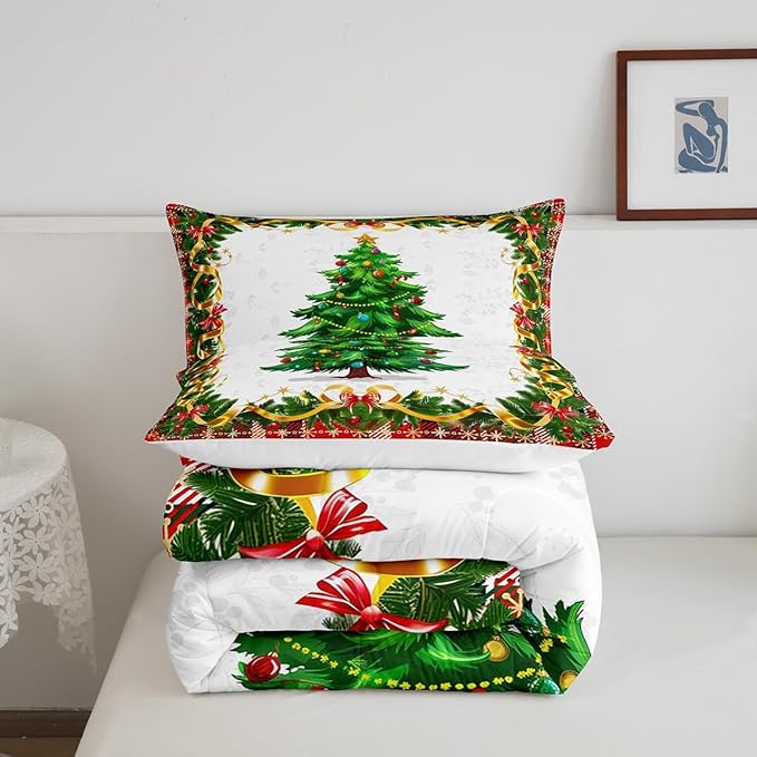 Christmas Tree Comforter Set Twin Size,Merry Christmas Bedding Set for Kids Boys Girls Room Decor,Snowflake Bowknot Green Pine Leaves Quilt Set 2Pcs,Xmas Plaid Patchwork Duvet Insert,1 Pillowcase