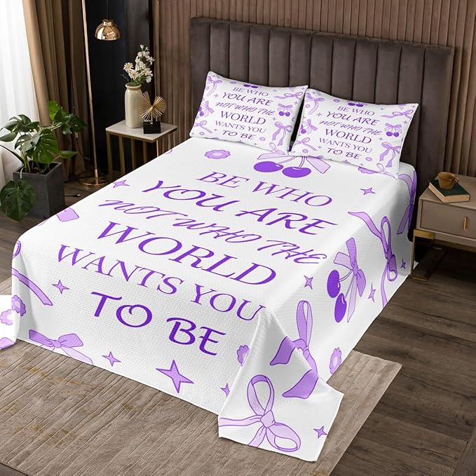 Manfei Purple Bowknot Kids Bedspread Twin Size,Cherry Tropical Fruit Stars Daisy Cute Coverlet Set,Girls Women Room Decor,Bow Tie Cartoon Princess Quilted Coverlet,Romantic Bedding Quilt,1 Pillowcase