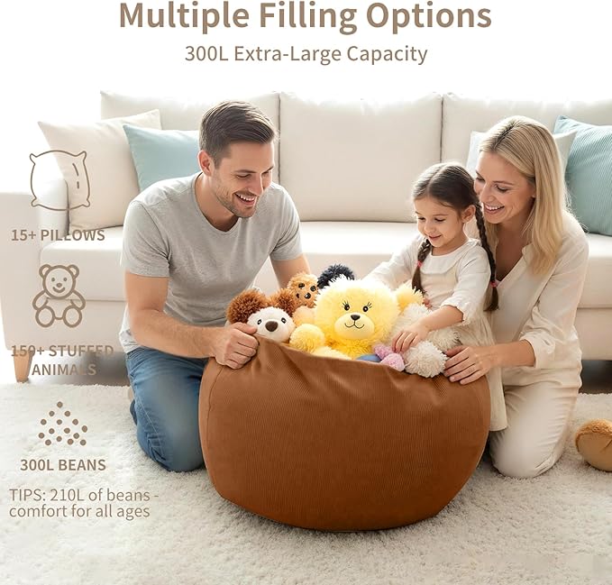 Nobildonna 3 ft Bean Bag Chair Cover (No Filler) 35"×43" Large Stuffed Animal Storage Bean Bag Washable Big Beanbag Chair Cover Premium Corduroy Bean Bag Cover for Adults,Kids,Orange Brown 300L