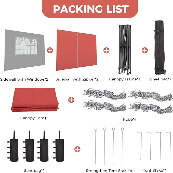 GDY 12x12FT Pop Up Canopy Tent with One Push Setup, Easy to Install with 4-Sidewalls for Events, Parties, Camping, Outdoor Gazebo with 4-Sandbags, Red.