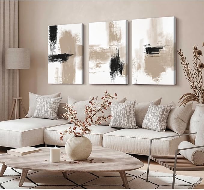 Beige Abstract Wall Art Painting Set of 3 Neutral Canvas Wall Art Prints Black Beige Modern Wall Decor Minimalist Art Pictures Abstract Modern Artwork for Room Bedroom 12x16 Inch Framed