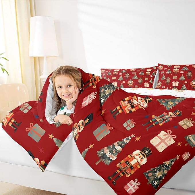 jejeloiu Xmas Nutcracker Comforter Set Full Size Christmas Red Bedding Set for Kids Boys Girls Cute Snowflakes Duvet Quilt Bedroom Decor