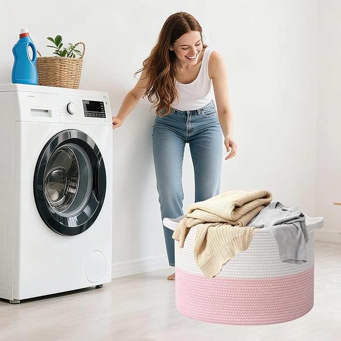 Large Blanket Basket for Organizing,65L Closet Organizers and Storage Bins Box for Shelves Woven Rope Storage Baskets,Living Room,Bedroom,Dorm,Laundry room (White&Pink)