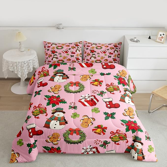 jejeloiu Merry Christmas Comforter Set Queen Size Cute Snowman Bedding Set for Kids Boys Girls Gingerbread Man Duvet Quilt Pink Bedroom Decor