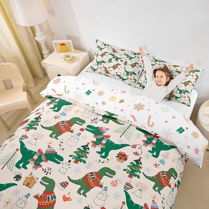 Christmas Bedding Set for Kids Boys Girls Cartoon Dinosaur Christmas Tree Comforter Cover Set Snowman New Year Duvet Cover Bedroom Decor Xmas Theme Bedspread Cover Twin Size Bedding Collection 2Pcs
