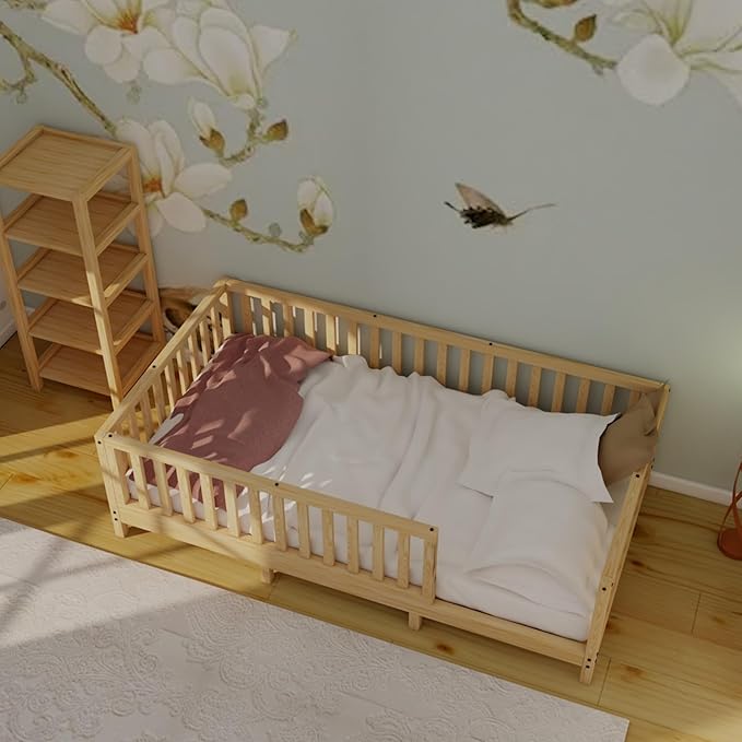 Montessori Floor Bed Designed with Open Front for Girls and Boys | Pine Wood Natural Solid Frame Beds Footed Model with Slats | Sturdy Designed Floor Bed Frame for Kids (King, Height : 23 Inches)
