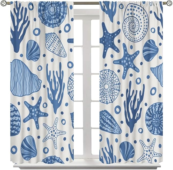 Coastal Nautical Curtains,Coral Starfish Seashell Beach Sea Starfish Seashell Theme Pattern Blackout Print Bedroom Living Room Window Treatmen 6 Panel Set 72x63 Inch