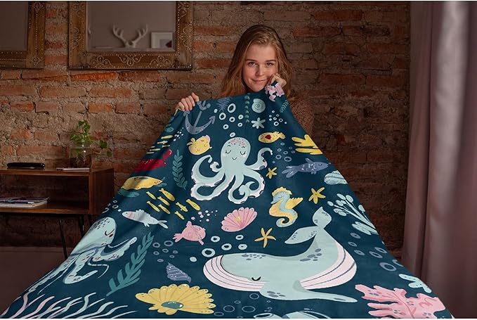 Thuswarm Cute Blue Sea Creatures Octopus Whale Flannel Blanket for Autumn Winter Gifts Warm Cozy Soft Funny Print Throw for Bed Couch Sofa 50”×40” Small for Kid