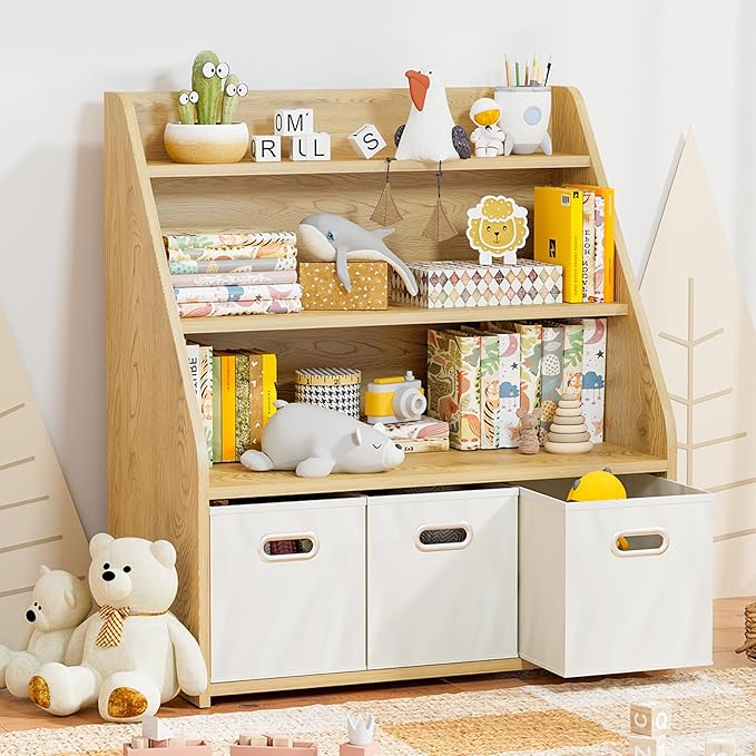 Kids Bookshelf and Toy Organizer, Wooden Kids Bookcase, Toddler Montessori Bookshelf with 3 Movable Drawers, Toy Storage Organizer for Child's Room, Living Room, Nursery