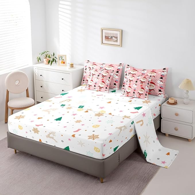 Feelyou Christmas Bed in a Bag Merry Christmas Snowman Comforter Set with Sheets for Kids Boys Girls Decor Santa Claus Bed Set Kawaii Pink Bedding Set Bedroom Collection Queen Size