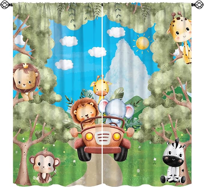 Jungle Animals Curtains, Cartoon Safari Animals Tropical Forest Leaf Blackout Window Treatments, Rod Pocket Thermal Insulated Drapes 2 Panel Sets for Kids Bedroom Nursery Classroom, 42"W X 45"L
