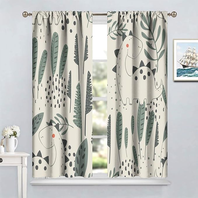 Funny Dinosaur Curtains, Jungle Cute Cartoon Animals Tropical Leaves Plant Beige Green Print Blackout Window Treatments for Kids Boys Girls Bedroom Living Room 63x63in