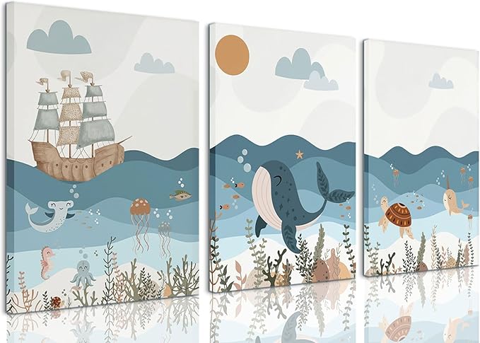 LYPHNX Framed Blue Ocean Nautical Nursery Canvas Wall Art Sea Turtle Whale Animal Painting Picture Set of 3 Kids Prints Poster Wall Decor for Baby Boys Girl Children's Room Bedroom Bathroom 16"x24"