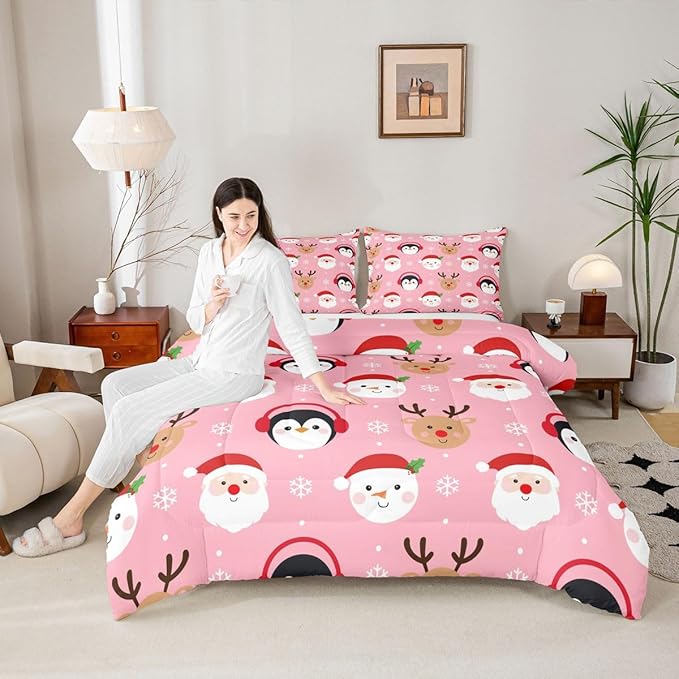 Feelyou Pink Christmas Comforter Set Toddler Size Santa Claus Bedding Set for Kids Boys Girls Deer Penguin Duvet Quilt Snowman Bedroom Decor Microfiber 2 Pcs with 1 Pillow Cases