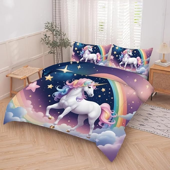 kxry Unicorn Galaxy Comforter Sets Queen Size Cartoon Blue Sky Rainbow Bedding Set Star Cloud Bedding Quilt for Kids Teens Girls 1 Comforter+ 2 Pillowcases