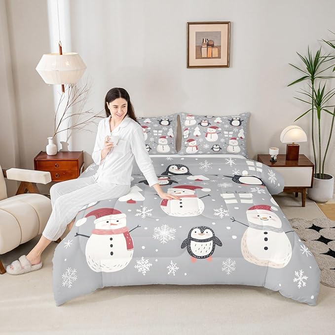 Feelyou Christmas Comforter Set King Size Snowman Snowflake Bedding Set for Kids Boys Girls Penguin Duvet Quilt New Year Gift Bedroom Decor Microfiber 3 Pcs with 2 Pillow Cases