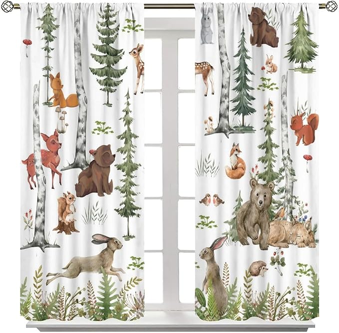 Animal Kids Curtains, Woodland Squirrel Rabbit Bear Animal Friends Forest Curtains for Boys and Girls Bedroom Living Room Kitchen 63x72in