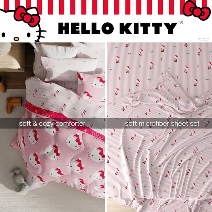 Sanrio Hello Kitty Holiday & Christmas Bedding Soft Comforter and Sheet Set with Sham, 7 Piece Full Size (Officially Licensed Product) by Franco
