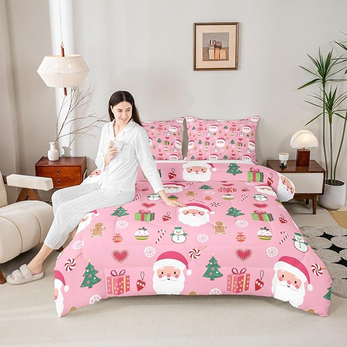 Feelyou Santa Claus Kids Comforter Set Full Size Christmas Decor Bedding Set New Year Gift Duvet Quilt for Kids Boys Girls Bedroom Merry Christmas Decor Microfiber Ultra Soft Breathable