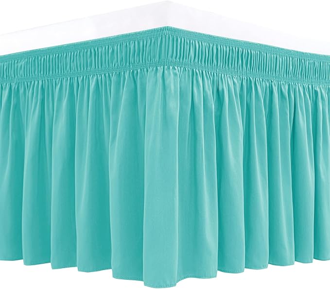 Biscaynebay Wrap Around Bed Skirts for King & Cal King Beds with Short Drop of 12", Aqua Adjustable Elastic Dust Ruffles Easy Fit Wrinkle Resistant Silky Luxurious Fabric Machine Washable