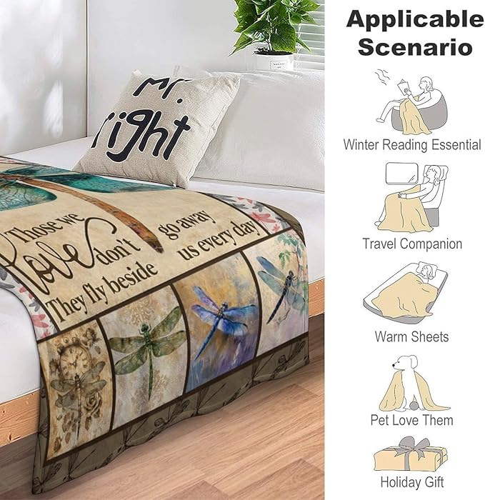 Dragonfly Print Blanket Dragonflies Memorial Throw Blankets Gifts for Couch Sofa Bed Stuff Decor Lightweight Soft Cozy Plush Warm Flannel for Lover Men Women Adults 60"x80"
