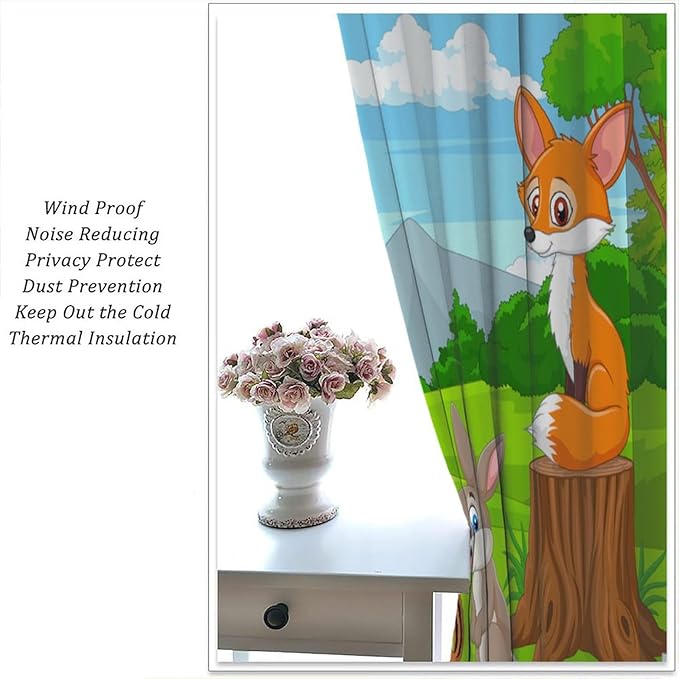 Safari Animal Curtains for Kids Cartoon Woodland Wildlife Jungle Animals Window Treatments for Boys Girls Bedroom Cute Fox Forest Nursery Children Drapes for Living Room W42xL45(Decor)