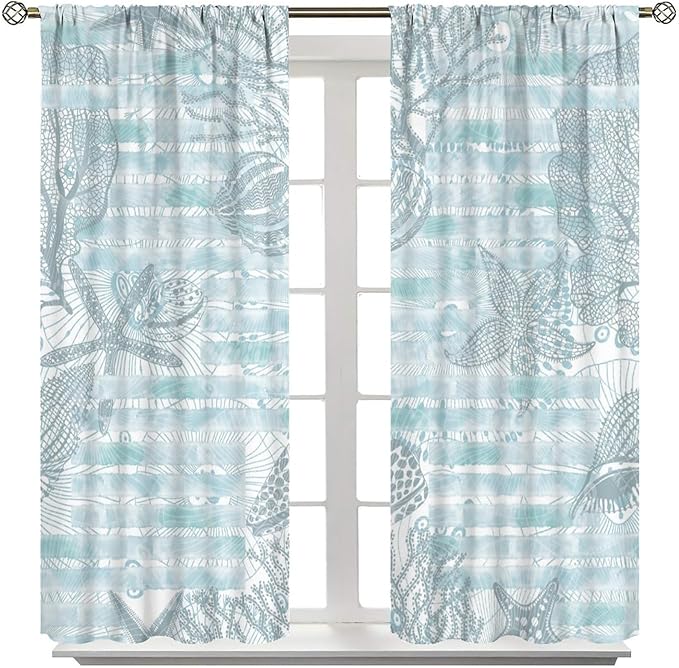 Starfish Curtains，Starfish and Seashells Coastal Curtain Ocean Themed Underwater Marine Decor Waterproof Fabric Curtain Set 2 Panels,42x54 Inches