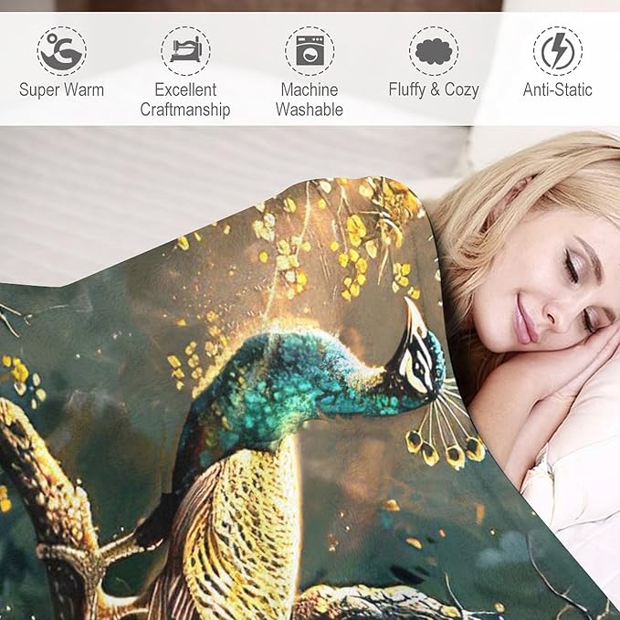 Peacock Blanket Gold Peacock Gifts for Girls Boys Woman Kids Lover Throw Blankets Soft Blanket Warm Fleece Flannel Plush Blankets for Bed Sofa Couch 50"x60"