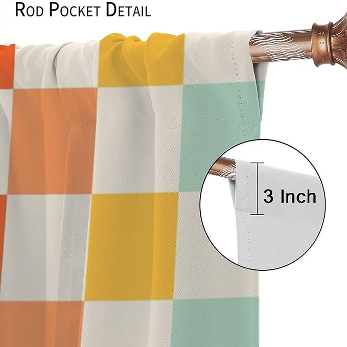 70s Retro Curtains,Cute Green Pink Yellow Checkered Hippie Window Treatments for Kids Girl Bedroom Window 72"" W X 63"" L, Style-7