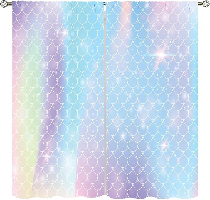 Mermaid Curtains, Kids Cartoon Watercolor Sea Animals Mermaid Princess Scales Pattern Print Living Room Decoration for Kids Girls Bedroom Nursery 42x45 Inch