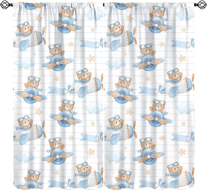Cartoon Bear Curtains, Lovely Bear Adventure Airplane Blue White Stripe Blackout Window Treatments, Rod Pocket Thermal Insulated Drapes 2 Panel Sets for Kids Bedroom Nursery Classroom, 55"W X 63"L