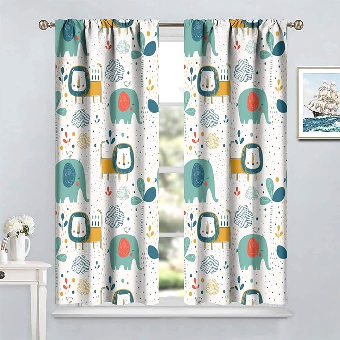 Cute Lions Blackout Curtains for Kids Bedroom,Cartoon Tropical Plants Birds Elephants Print Pattern Window Drapes,Funny Animal Thermal Insulation Curtain for Nursery Baby Room 84x84in
