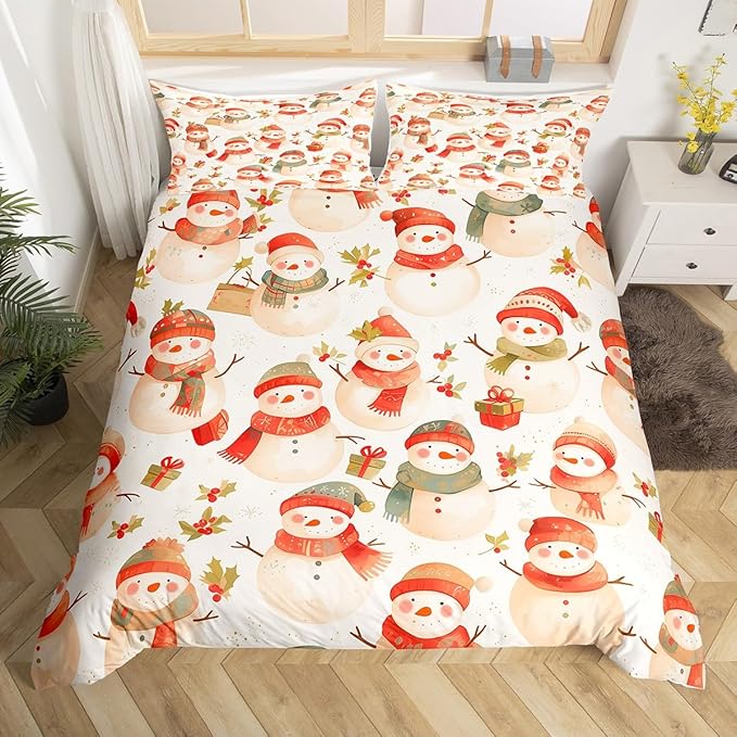 Manfei Cute Snowman Duvet Cover Set Twin Size, Christmas Theme Bedding Set for Kids Kids Girls Room Decor, Western New Year Comforter Cover, Lightweight Bedspread Cover, 1 Pillowcase, No Comforter
