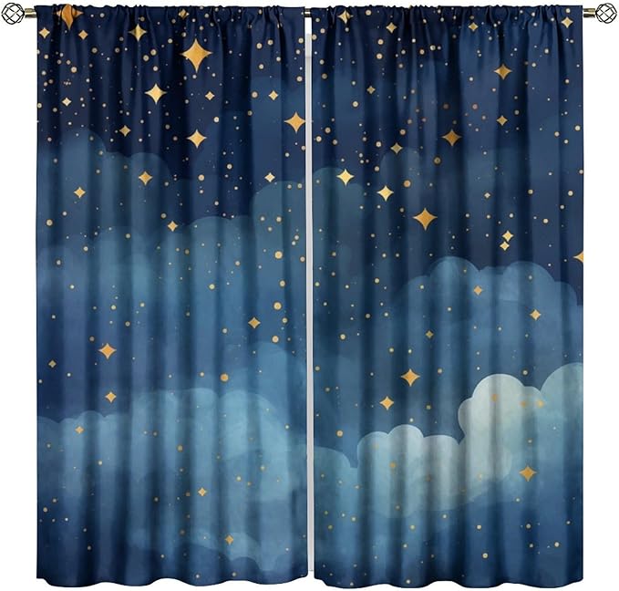 Night Sky Stars Curtain for Kids, Blue Starry Space Galaxy Pattern Window Treatments for Boys Girls Bedroom Toddlers Room Living Room 52" W X 84" L