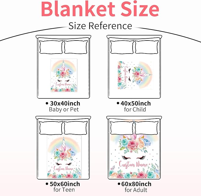 Personalized Unicorn Blanket with Name for Girl, Custom Name Blanket for Teen, Soft Flannel Pink Unicorn Toddler Blanket Customized Gift for Birthday 50''x60''
