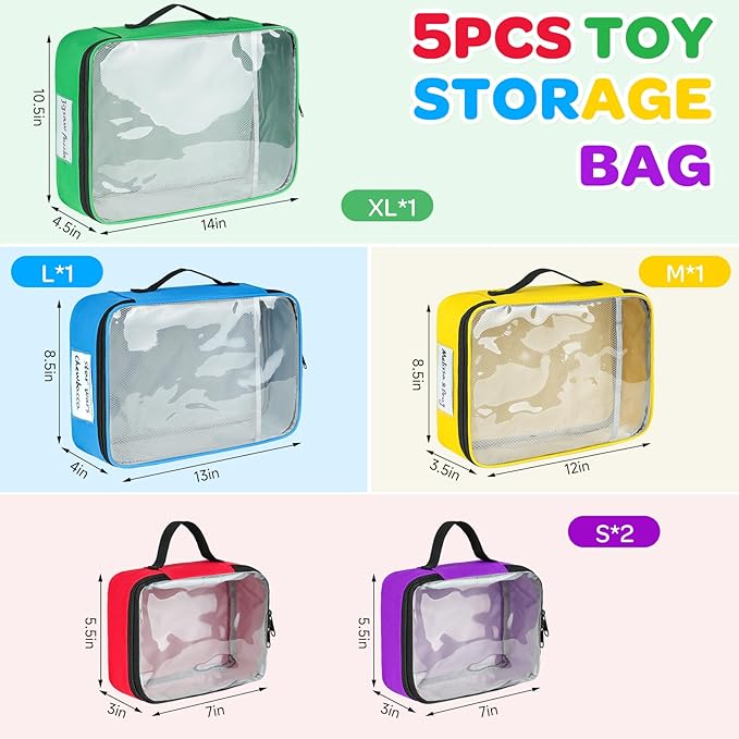 5 Packs Toy Storage Bags Compatible with Lego Bricks,Large Travel Toy Organizers for Kids Building Blocks,Toy Car,Puzzles with Mesh Pocket and Tag Pocket