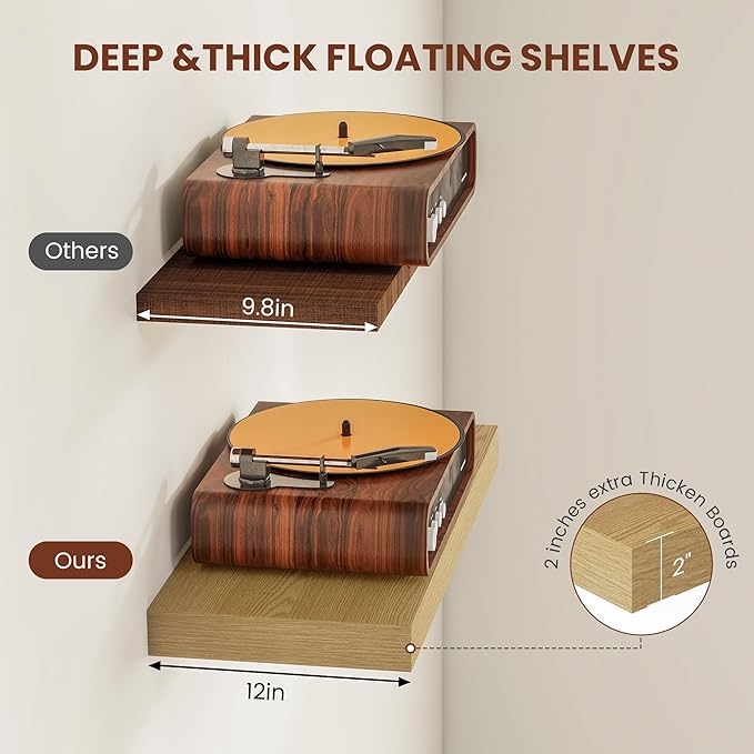Vivelove 12 Inch Deep Floating Shelves 55 inch Long, 2 Inch Thick Wall Shelves with Invisible Brackets, Shelf for Bedroom Bathroom Living Room Kitchen Office Home Decor, Modern Shelf Set of 2, Oak