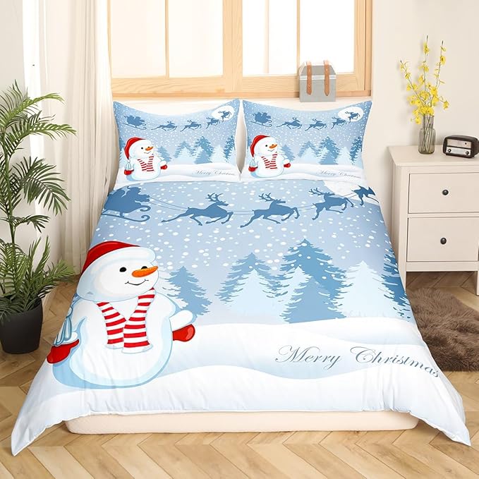 Manfei Snowman Duvet Cover Set King Size, Xmas Deer Trees Print Comforter Cover with 2 Pillowcases, Winter Snowflake Merry Christmas Bedding Set 3pcs for Kids Boys Girls Bedroom Decor,No Comforter