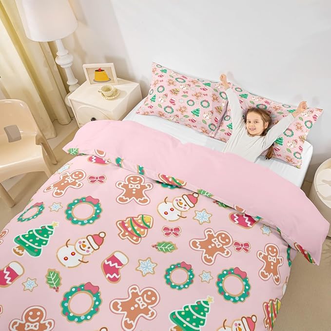 Christmas Comforter Cover Cartoon Snowman Christmas Tree Bedding Set Gingerbread Man Xmas Theme Duvet Cover for Kids Boys Girls Microfiber Pink Bedspread Cover Room Decor Bedclothes Queen Size