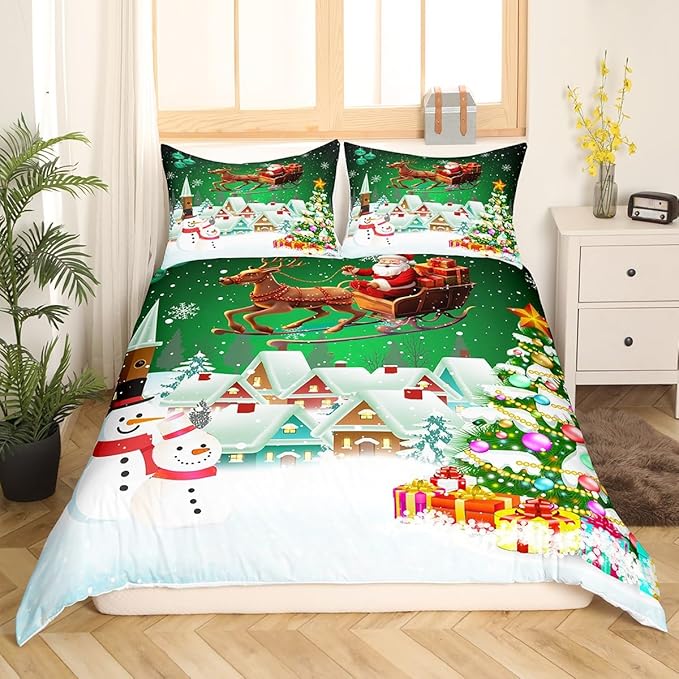 Manfei Christmas Duvet Cover Set King Size, Snowman Xmas Tree Comforter Cover with 2 Pillowcases, Santa Claus with Deer Bedding Set for Kids Boys Girls New Year Theme Bedspread Cover, No Comforter