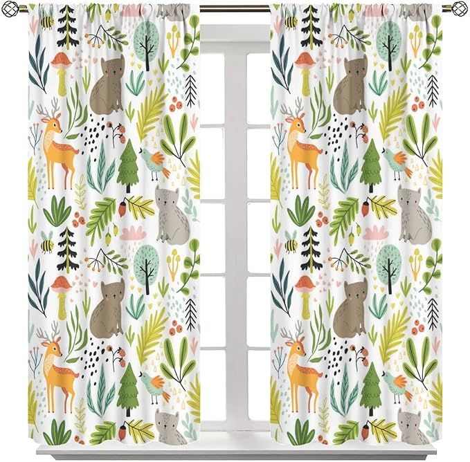 Cartoon Forest Kids Blackout Curtains,Cute Woodland Wild Animals Colorful Deer Plants Trees Print Pattern Thermal Insulation Window Drapes for Nursery Boys Girls Bedroom,White Background 55x63in
