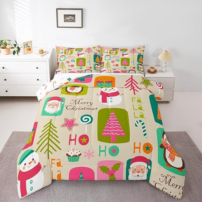 Erosebridal Xmas Decor Quilts Kids Santa Claus Christmas Tree Comforter Set Boys Girls Bedroom, Cartoon Snowflake Bedding Set Cute Snowman Down Comforter King Size