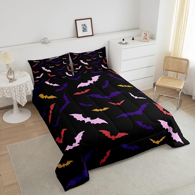Erosebridal Bat Bedding Set Toddler Size for Kids Children Happy Halloween Comforter Set Flying Bat Quilt Gothic Spooky Down Comforter with 1 Pillow Case,Purple and Pink