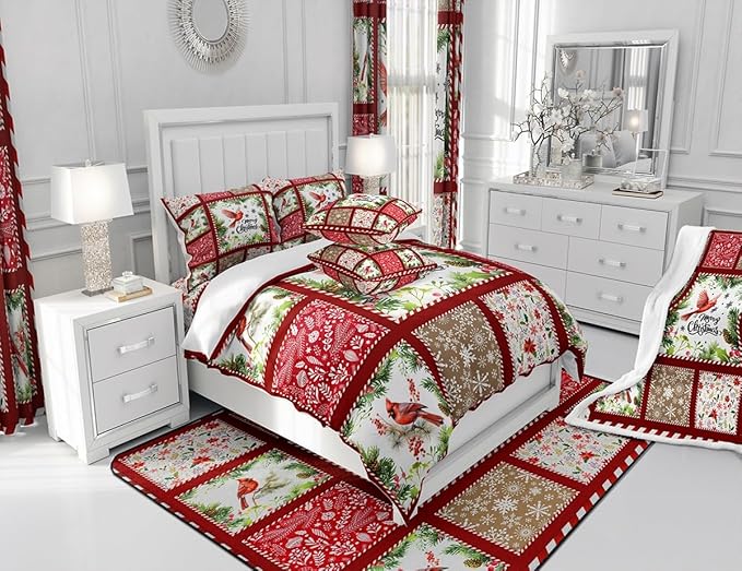 Castle Fairy Merry Christmas Full Size Comforter Set,Xmas Patchwork Watercolor Cardinal Bird Bedding Comforters Bedroom Collection,Floral Leaves Snowflakes Plaid Bedding Set for Girls Teens