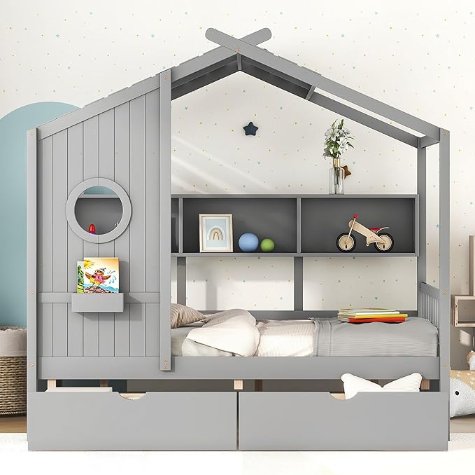 Linique Wooden Full Size House Bed with 2 Drawers and Storage Shelf,Full Platform Bed Frame with Pitched Roof,Gray