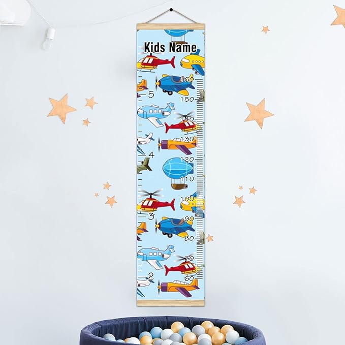 Personalized Kids Name Growth Chart Ruler for Wall Wood Frame Height Measure Chart 13.4x56 in Linen Hanging Height Growth Chart Cartoon Airplane Aircraft Kids Room Decor